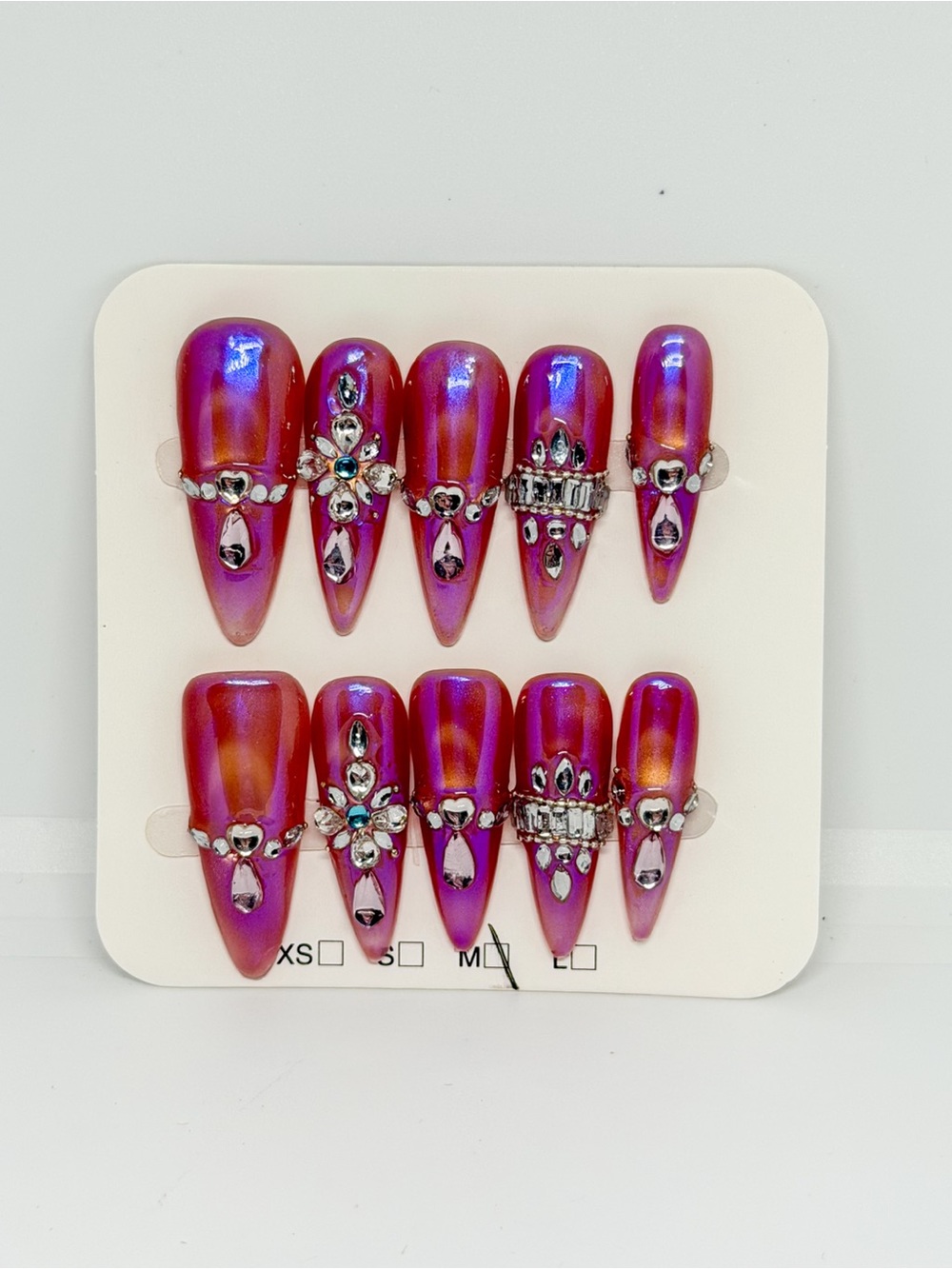 Press-On Nails Set — Iridescent Pink Gem Embellished